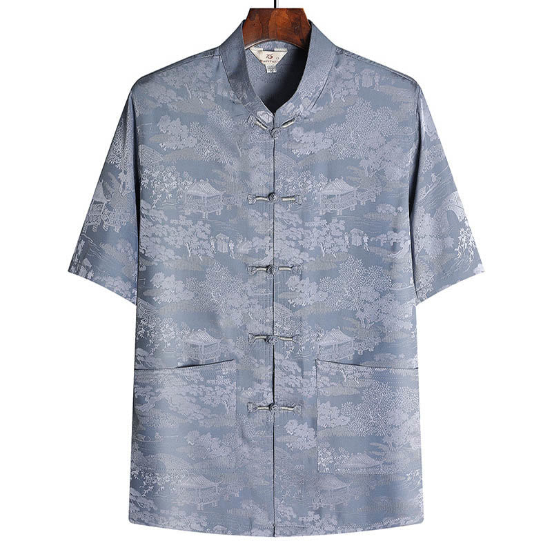 Buddha Stones Pino Padiglione Giardino Tang Suit Hanfu Tradizionale Uniforme Manica Corta Top Pantaloni Abbigliamento Uomo Set - Grigio - Superiore - US/UK/AU44, EU54 (4XL) - image 1