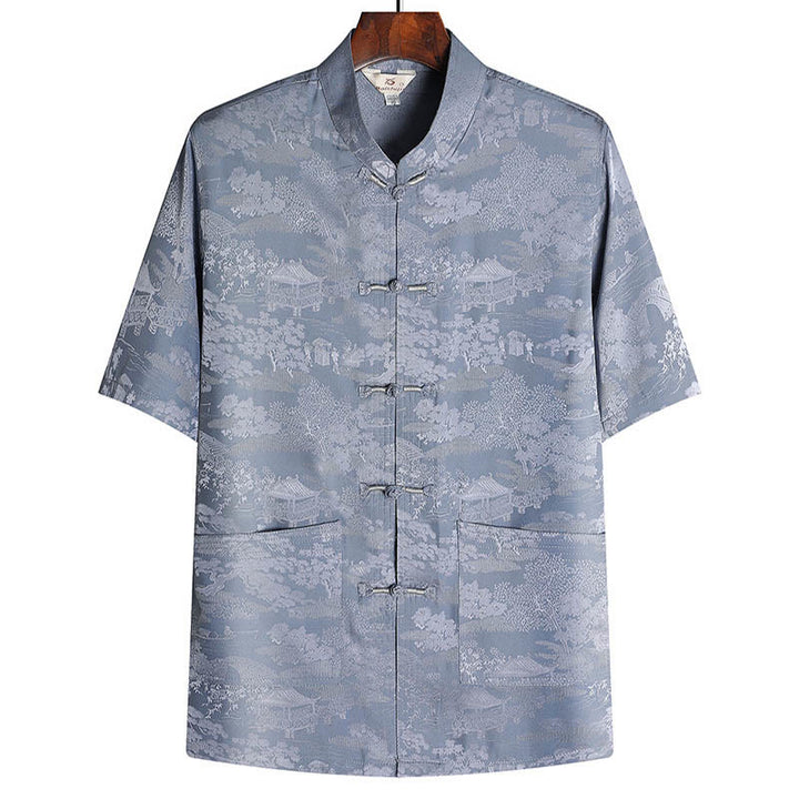 Buddha Stones Pino Padiglione Giardino Tang Suit Hanfu Tradizionale Uniforme Manica Corta Top Pantaloni Abbigliamento Uomo Set - Grigio - Superiore - US/UK/AU44, EU54 (4XL) - image 1
