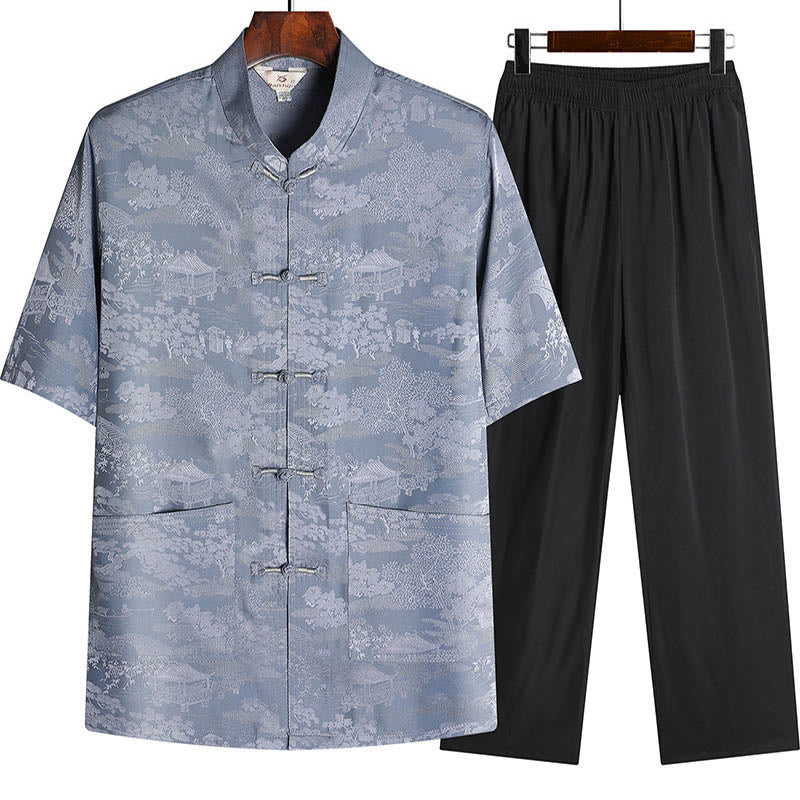 Buddha Stones Pino Padiglione Giardino Tang Suit Hanfu Tradizionale Uniforme Manica Corta Top Pantaloni Abbigliamento Uomo Set - Grigio - Top e pantaloni - US/UK/AU44, EU54 (4XL) - image 0