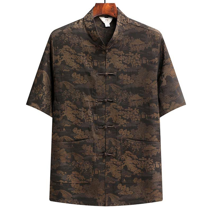 Buddha Stones Pino Padiglione Giardino Tang Suit Hanfu Tradizionale Uniforme Manica Corta Top Pantaloni Abbigliamento Uomo Set - Marrone - Superiore - US/UK/AU44, EU54 (4XL) - image 3