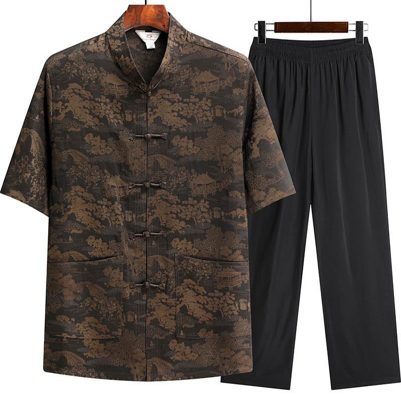 Buddha Stones Pino Padiglione Giardino Tang Suit Hanfu Tradizionale Uniforme Manica Corta Top Pantaloni Abbigliamento Uomo Set