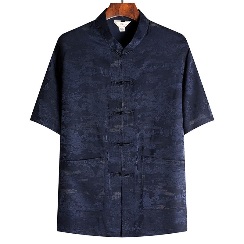 Buddha Stones Pino Padiglione Giardino Tang Suit Hanfu Tradizionale Uniforme Manica Corta Top Pantaloni Abbigliamento Uomo Set - Blu navy - Superiore - US/UK/AU44, EU54 (4XL) - image 10