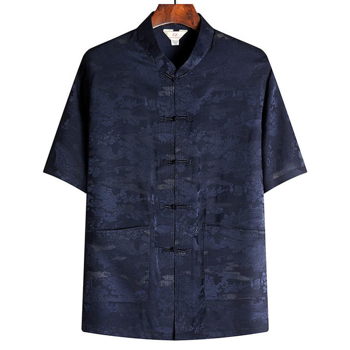 Buddha Stones Pino Padiglione Giardino Tang Suit Hanfu Tradizionale Uniforme Manica Corta Top Pantaloni Abbigliamento Uomo Set - Blu navy - Superiore - US/UK/AU44, EU54 (4XL) - image 10