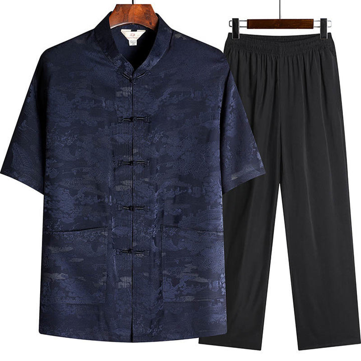Buddha Stones Pino Padiglione Giardino Tang Suit Hanfu Tradizionale Uniforme Manica Corta Top Pantaloni Abbigliamento Uomo Set - Blu navy - Top e pantaloni - US/UK/AU44, EU54 (4XL) - image 9