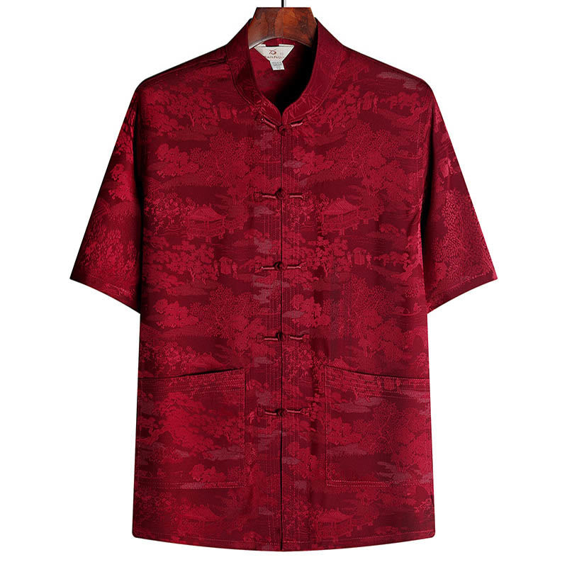 Buddha Stones Pino Padiglione Giardino Tang Suit Hanfu Tradizionale Uniforme Manica Corta Top Pantaloni Abbigliamento Uomo Set - Rosso - Superiore - US/UK/AU44, EU54 (4XL) - image 12