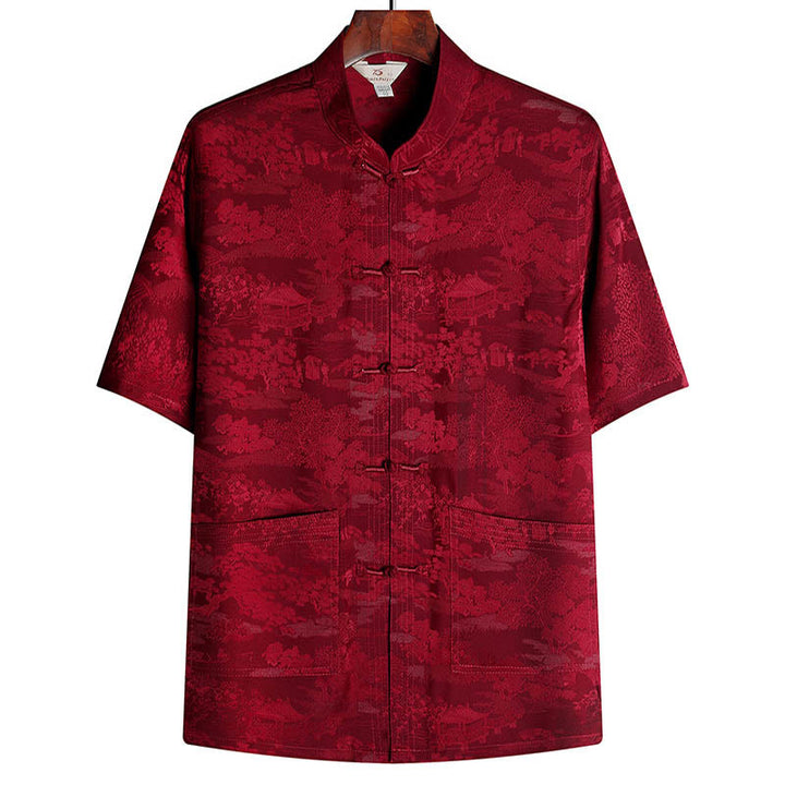 Buddha Stones Pino Padiglione Giardino Tang Suit Hanfu Tradizionale Uniforme Manica Corta Top Pantaloni Abbigliamento Uomo Set - Rosso - Superiore - US/UK/AU44, EU54 (4XL) - image 12