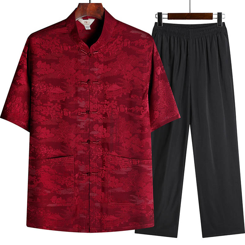 Buddha Stones Pino Padiglione Giardino Tang Suit Hanfu Tradizionale Uniforme Manica Corta Top Pantaloni Abbigliamento Uomo Set - Rosso - Top e pantaloni - US/UK/AU44, EU54 (4XL) - image 11