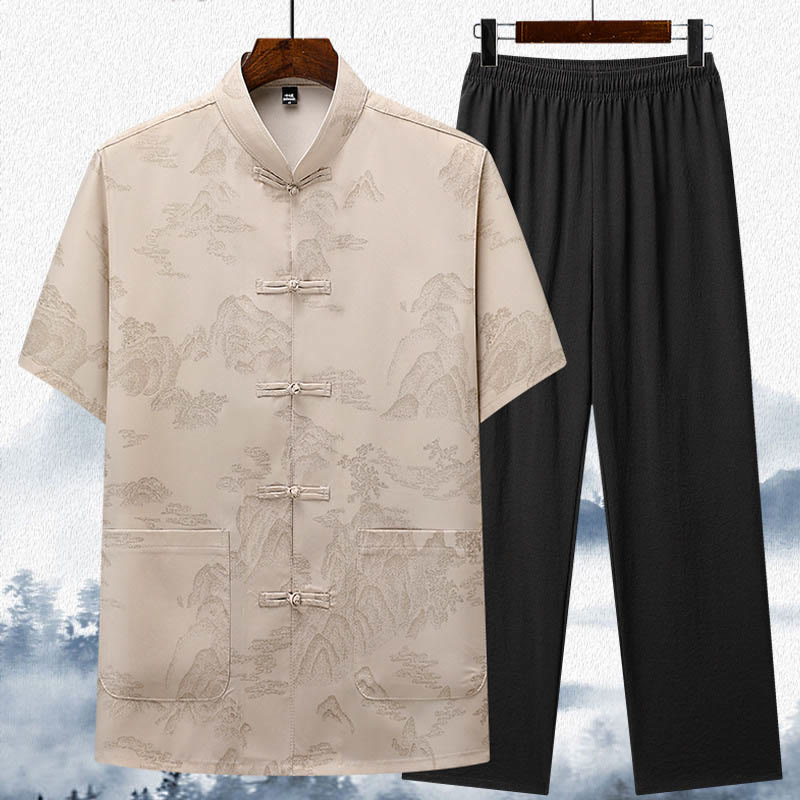Buddha Stones Montagne Alberi Tang Suit Hanfu Tradizionale Uniforme Manica Corta Top Pantaloni Abbigliamento Uomo Set - Beige - Top e pantaloni - US/UK/AU42, EU52 (3XL)  - image 0