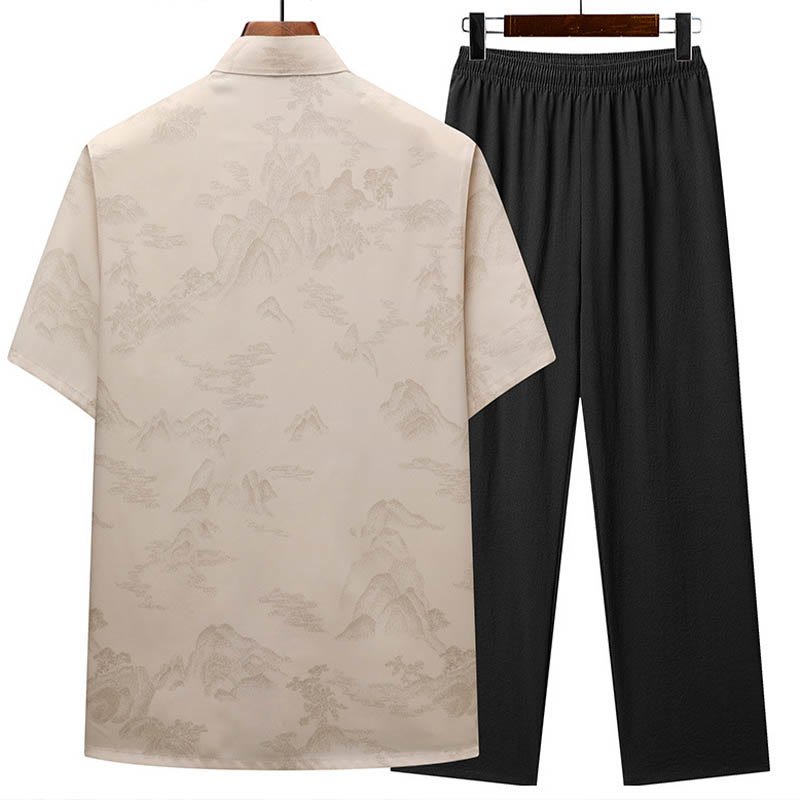 Buddha Stones Montagne Alberi Tang Suit Hanfu Tradizionale Uniforme Manica Corta Top Pantaloni Abbigliamento Uomo Set - image 1