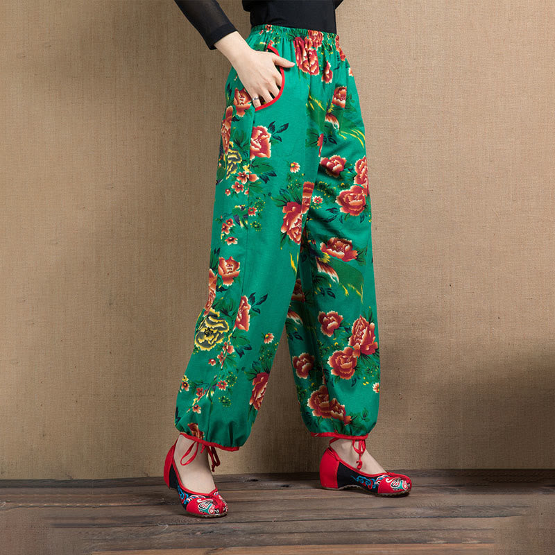 Pantaloni harem con stampa di fiori rossi e verdi in stile etnico Buddha Stones con tasche - image 12