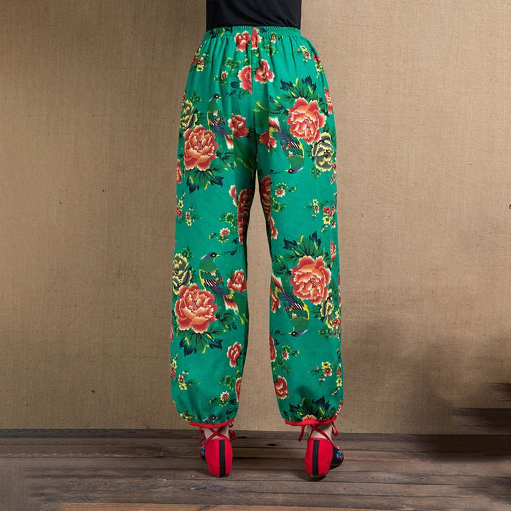 Pantaloni harem con stampa di fiori rossi e verdi in stile etnico Buddha Stones con tasche - image 11
