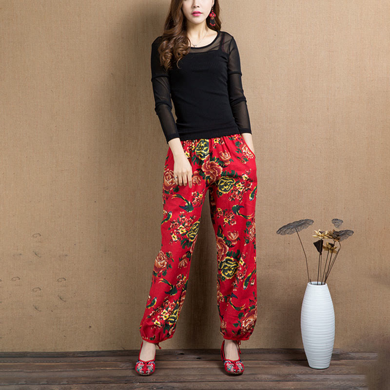 Pantaloni harem con stampa di fiori rossi e verdi in stile etnico Buddha Stones con tasche - image 20