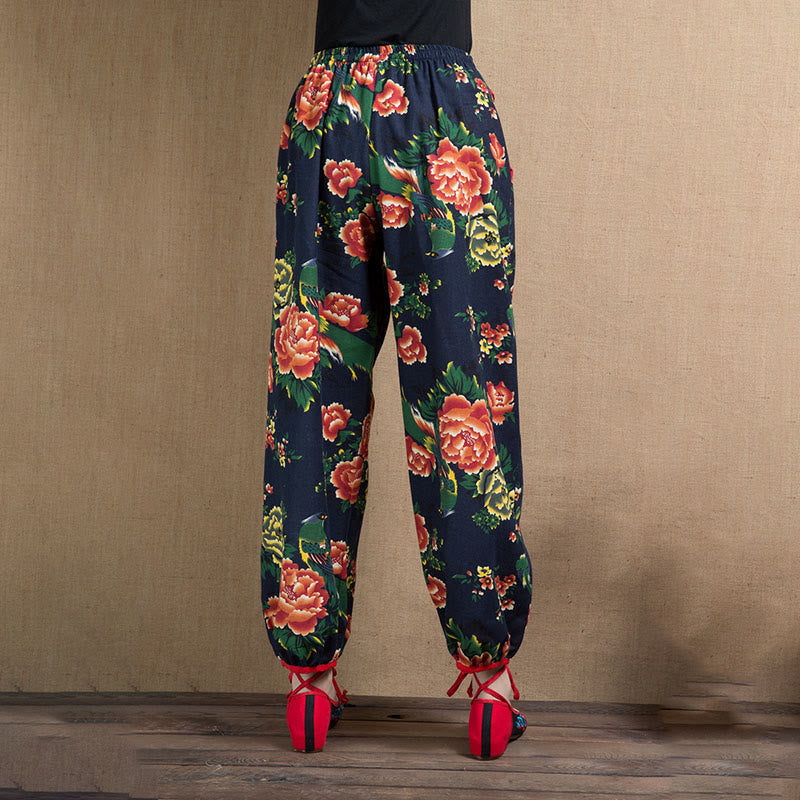 Pantaloni harem con stampa di fiori rossi e verdi in stile etnico Buddha Stones con tasche - image 23