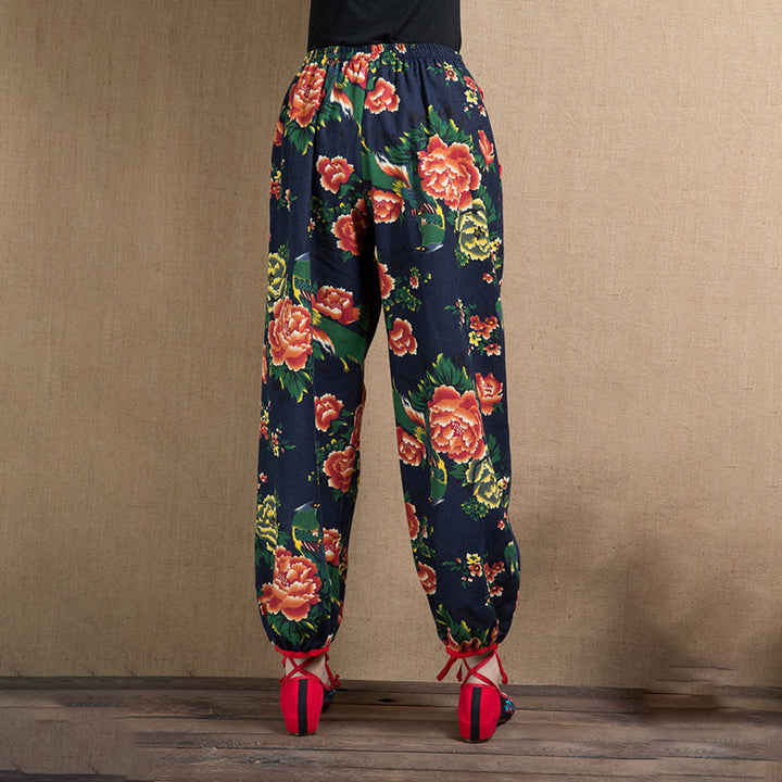 Pantaloni harem con stampa di fiori rossi e verdi in stile etnico Buddha Stones con tasche - image 23