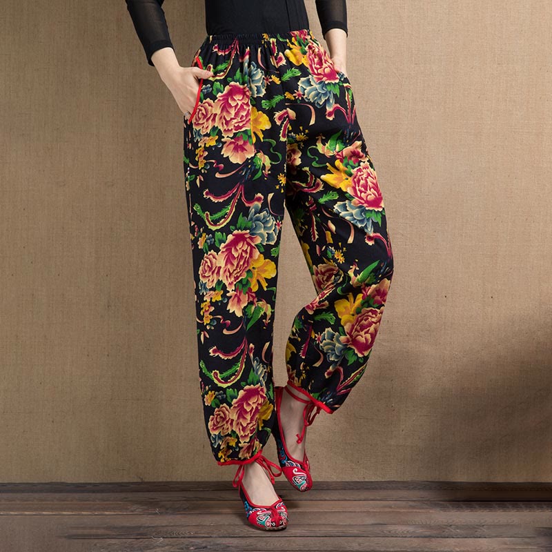 Pantaloni harem con stampa di fiori rossi e verdi in stile etnico Buddha Stones con tasche - Nero Rosso Blu Fiori - US4, UK/AU8, EU36-38 (F) - image 33