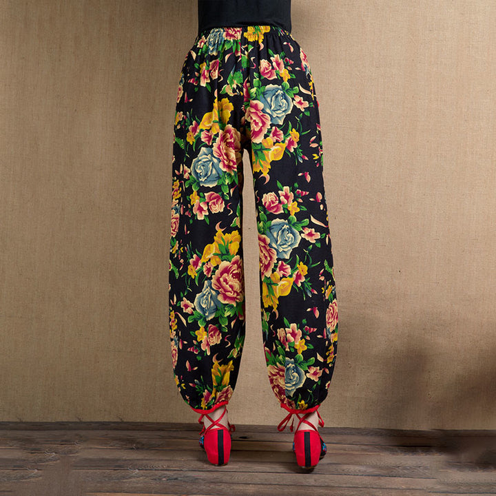 Pantaloni harem con stampa di fiori rossi e verdi in stile etnico Buddha Stones con tasche - image 34