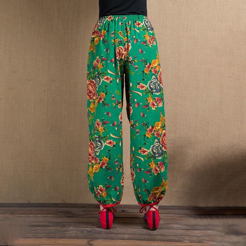 Pantaloni harem con stampa di fiori rossi e verdi in stile etnico Buddha Stones con tasche - image 40