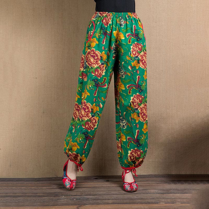 Pantaloni harem con stampa di fiori rossi e verdi in stile etnico Buddha Stones con tasche - Fiori gialli verdi - US4, UK/AU8, EU36-38 (F) - image 39