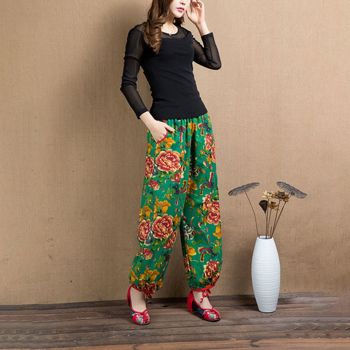 Pantaloni harem con stampa di fiori rossi e verdi in stile etnico Buddha Stones con tasche - image 43