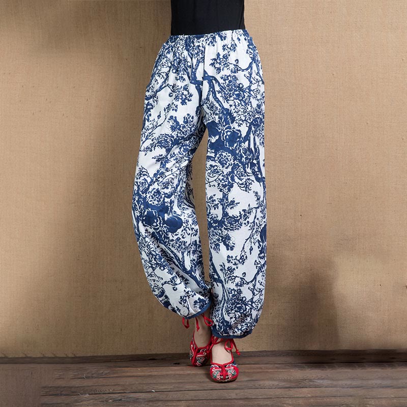 Pantaloni harem con stampa di fiori di albero blu Buddha Stones con tasche - Blue Tree - US4， UK/AU8，EU36-38 (F) - image 0