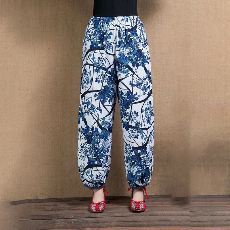 Pantaloni harem con stampa di fiori di albero blu Buddha Stones con tasche - Fiori blu - US4, UK/AU8, EU36-38 (F) - image 6