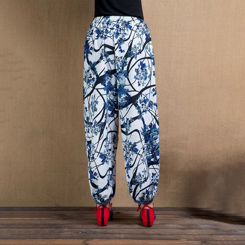 Pantaloni harem con stampa di fiori di albero blu Buddha Stones con tasche - image 9
