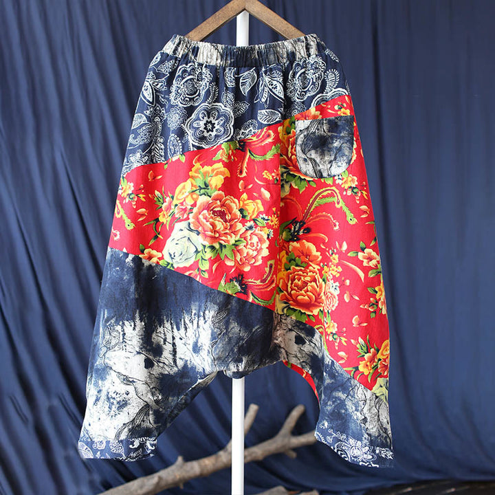 Pantaloni harem in cotone e lino patchwork con tasche, Buddha Stones, fiori di peonia blu e rossi