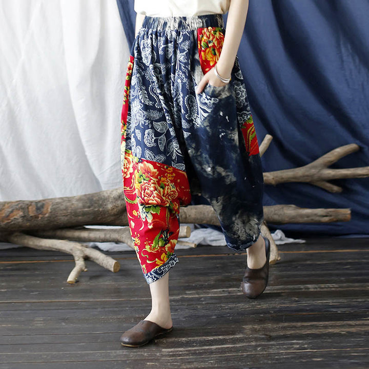 Pantaloni harem in cotone e lino patchwork con tasche, Buddha Stones, fiori di peonia blu e rossi
