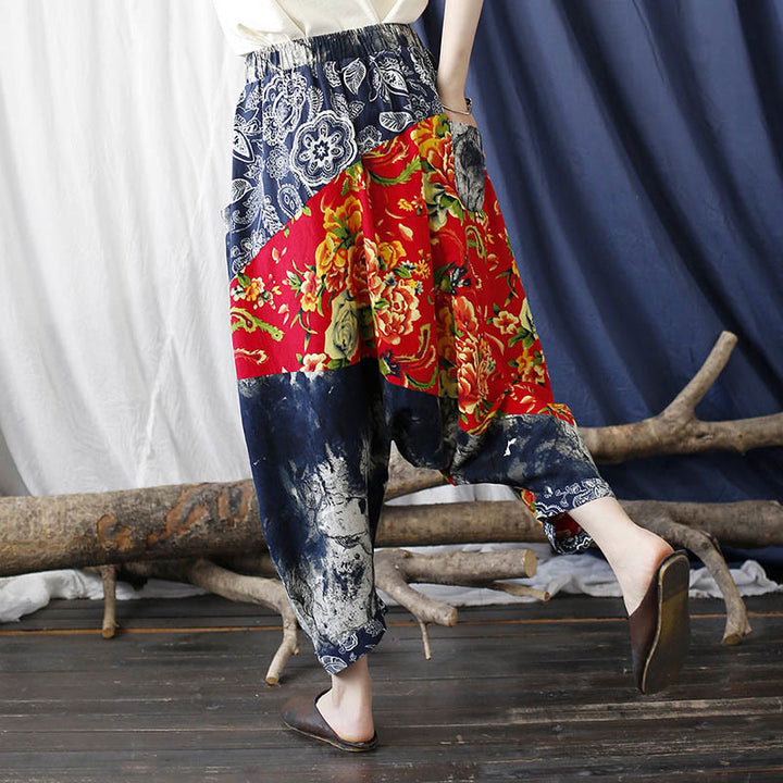 Pantaloni harem in cotone e lino patchwork con tasche, Buddha Stones, fiori di peonia blu e rossi