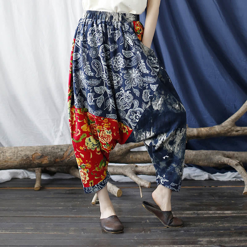 Pantaloni harem in cotone e lino patchwork con tasche, Buddha Stones, fiori di peonia blu e rossi