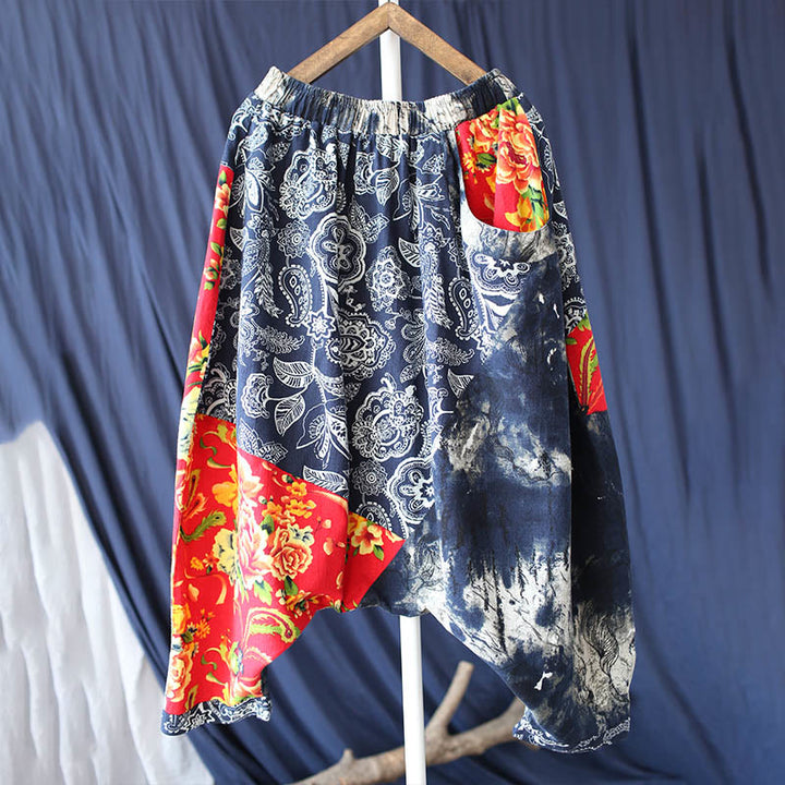 Pantaloni harem in cotone e lino patchwork con tasche, Buddha Stones, fiori di peonia blu e rossi
