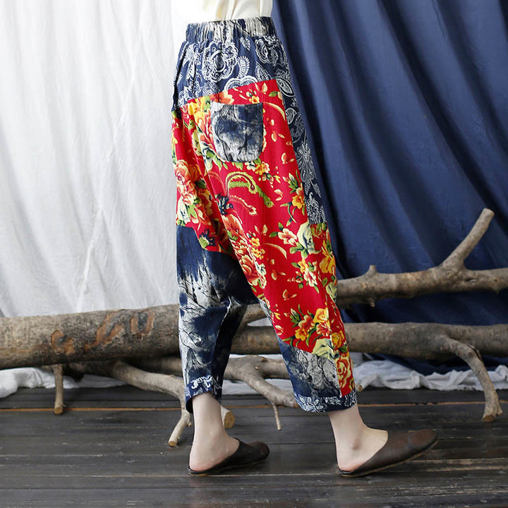 Pantaloni harem in cotone e lino patchwork con tasche, Buddha Stones, fiori di peonia blu e rossi