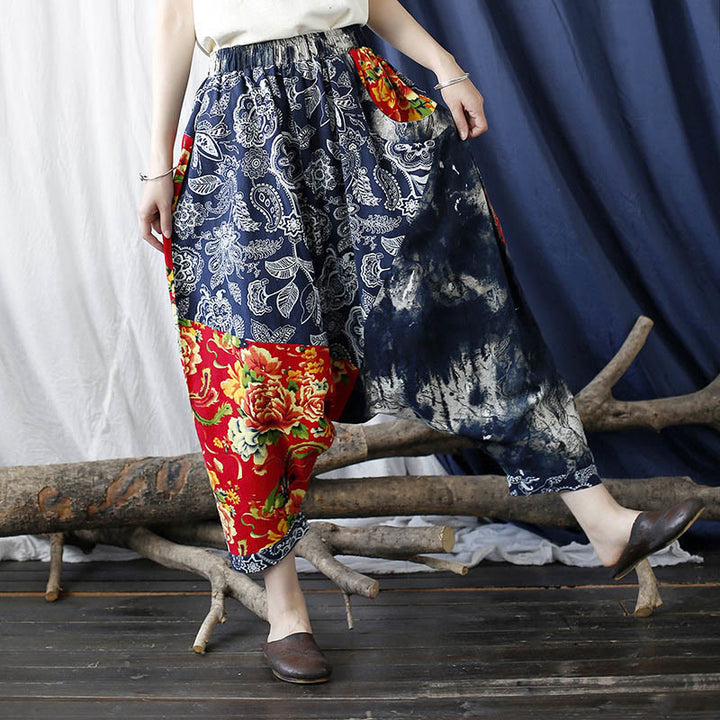 Pantaloni harem in cotone e lino patchwork con tasche, Buddha Stones, fiori di peonia blu e rossi