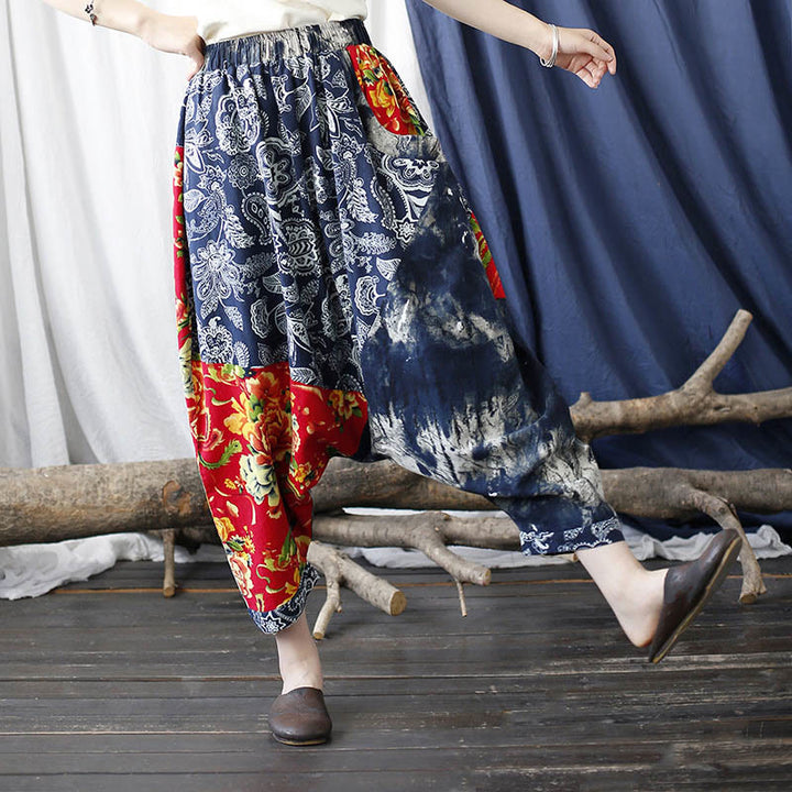 Pantaloni harem in cotone e lino patchwork con tasche, Buddha Stones, fiori di peonia blu e rossi