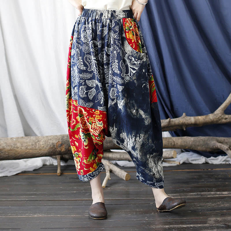 Pantaloni harem in cotone e lino patchwork con tasche, Buddha Stones, fiori di peonia blu e rossi
