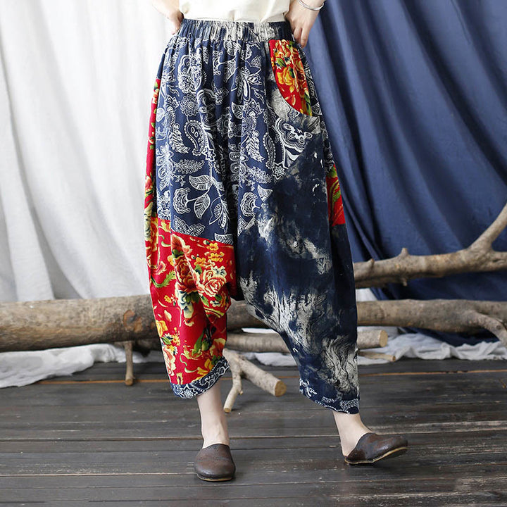 Pantaloni harem in cotone e lino patchwork con tasche, Buddha Stones, fiori di peonia blu e rossi