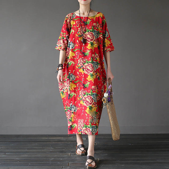 Abito midi stampato con fiori di peonia rossa Buddha Stones, abito in cotone e lino a mezza manica