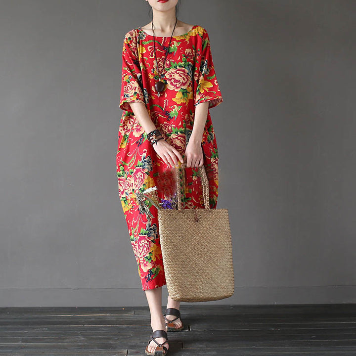 Abito midi stampato con fiori di peonia rossa Buddha Stones, abito in cotone e lino a mezza manica
