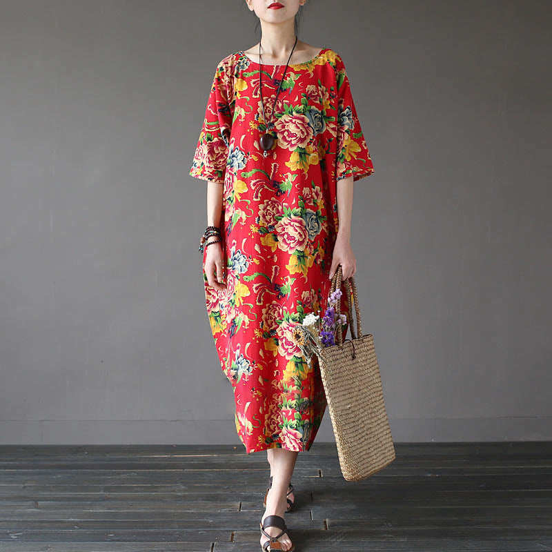 Abito midi stampato con fiori di peonia rossa Buddha Stones, abito in cotone e lino a mezza manica