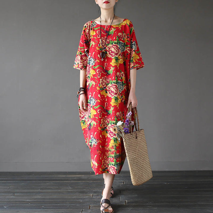 Abito midi stampato con fiori di peonia rossa Buddha Stones, abito in cotone e lino a mezza manica