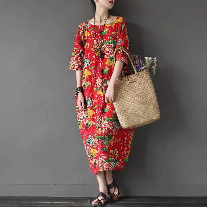 Abito midi stampato con fiori di peonia rossa Buddha Stones, abito in cotone e lino a mezza manica