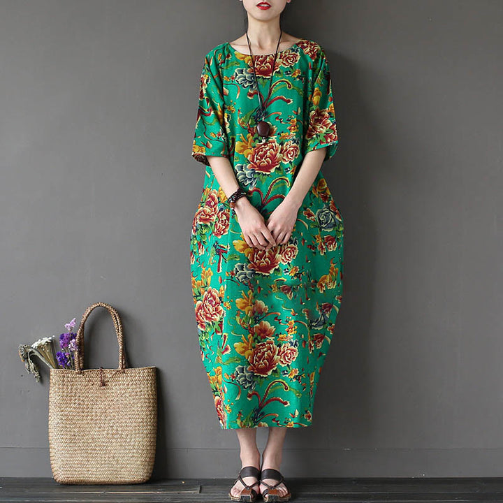 Abito midi stampato con fiori di peonia rossa Buddha Stones, abito in cotone e lino a mezza manica