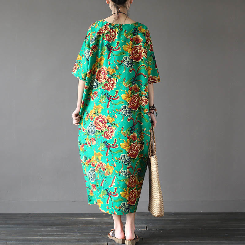 Abito midi stampato con fiori di peonia rossa Buddha Stones, abito in cotone e lino a mezza manica - image 10