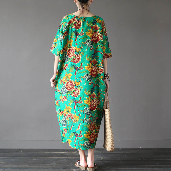 Abito midi stampato con fiori di peonia rossa Buddha Stones, abito in cotone e lino a mezza manica - image 10