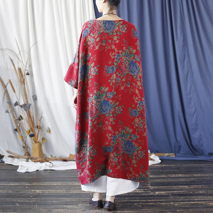 Giacca cappotto aperta sul davanti con maniche a tre quarti in cotone con stampa di fiori rossi e blu , Buddha Stones