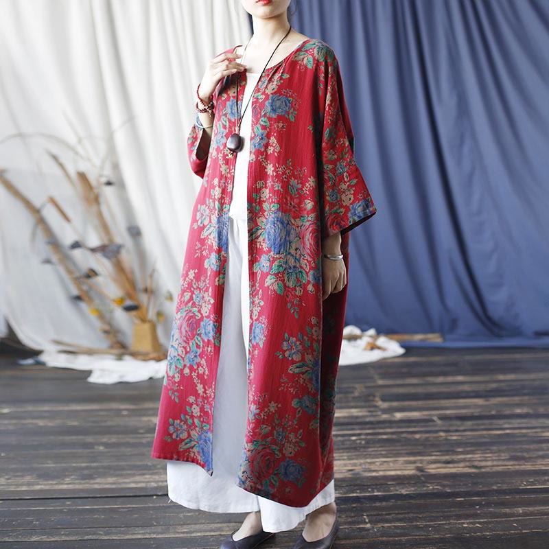 Giacca cappotto aperta sul davanti con maniche a tre quarti in cotone con stampa di fiori rossi e blu , Buddha Stones