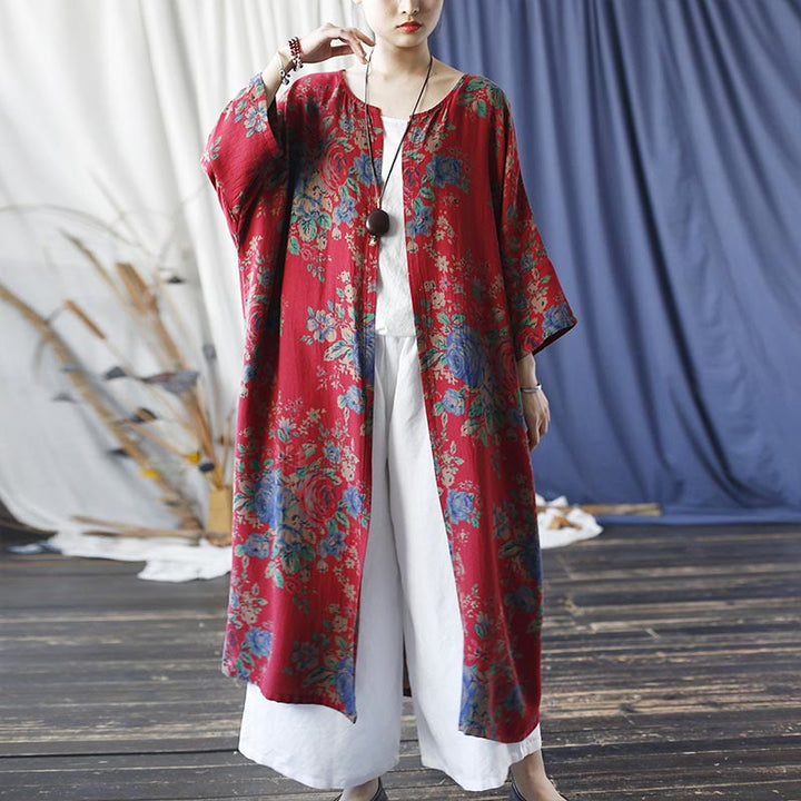 Giacca cappotto aperta sul davanti con maniche a tre quarti in cotone con stampa di fiori rossi e blu , Buddha Stones