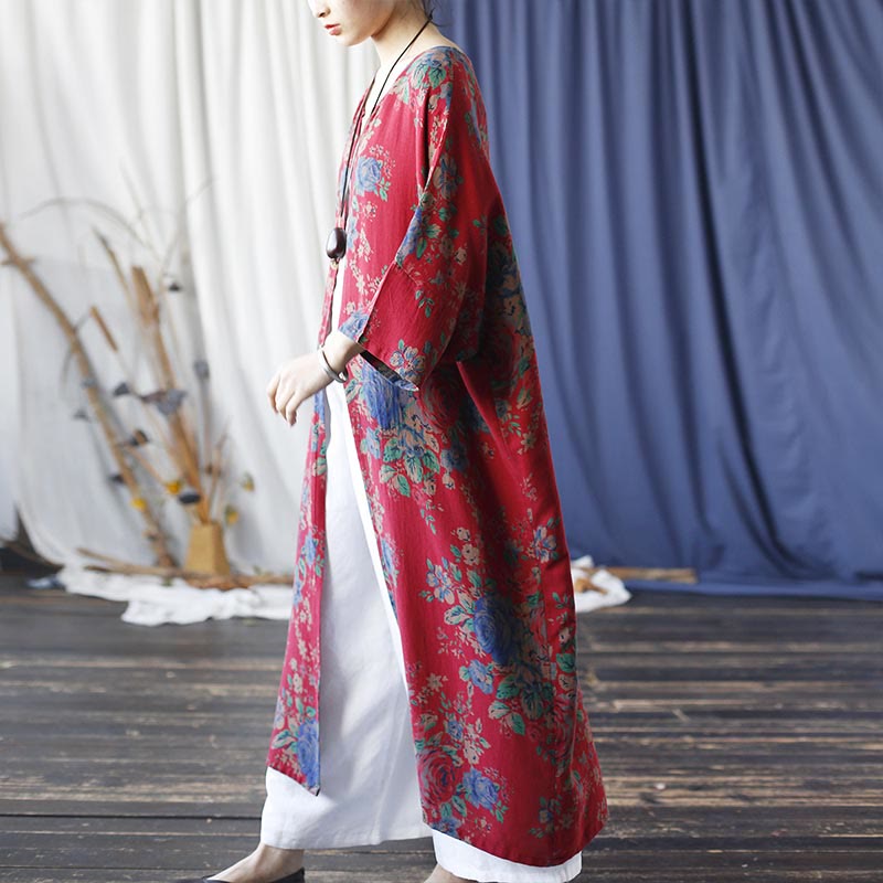 Giacca cappotto aperta sul davanti con maniche a tre quarti in cotone con stampa di fiori rossi e blu , Buddha Stones
