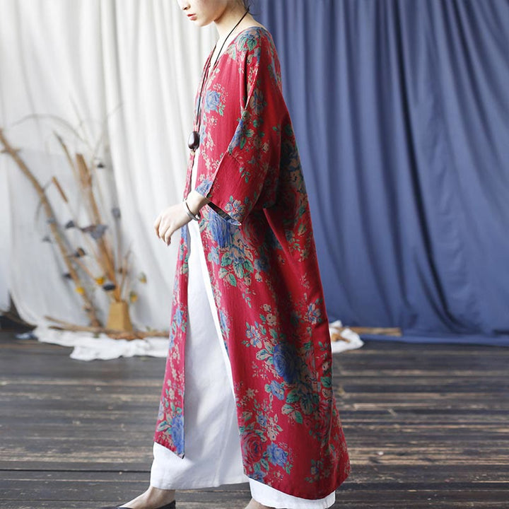 Giacca cappotto aperta sul davanti con maniche a tre quarti in cotone con stampa di fiori rossi e blu , Buddha Stones