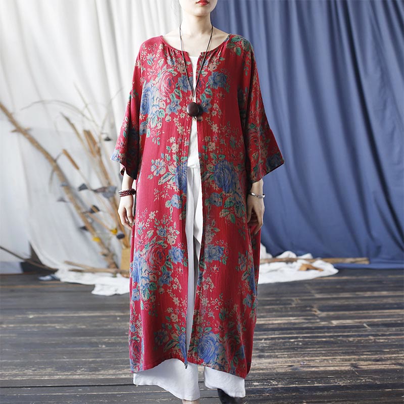 Giacca cappotto aperta sul davanti con maniche a tre quarti in cotone con stampa di fiori rossi e blu , Buddha Stones